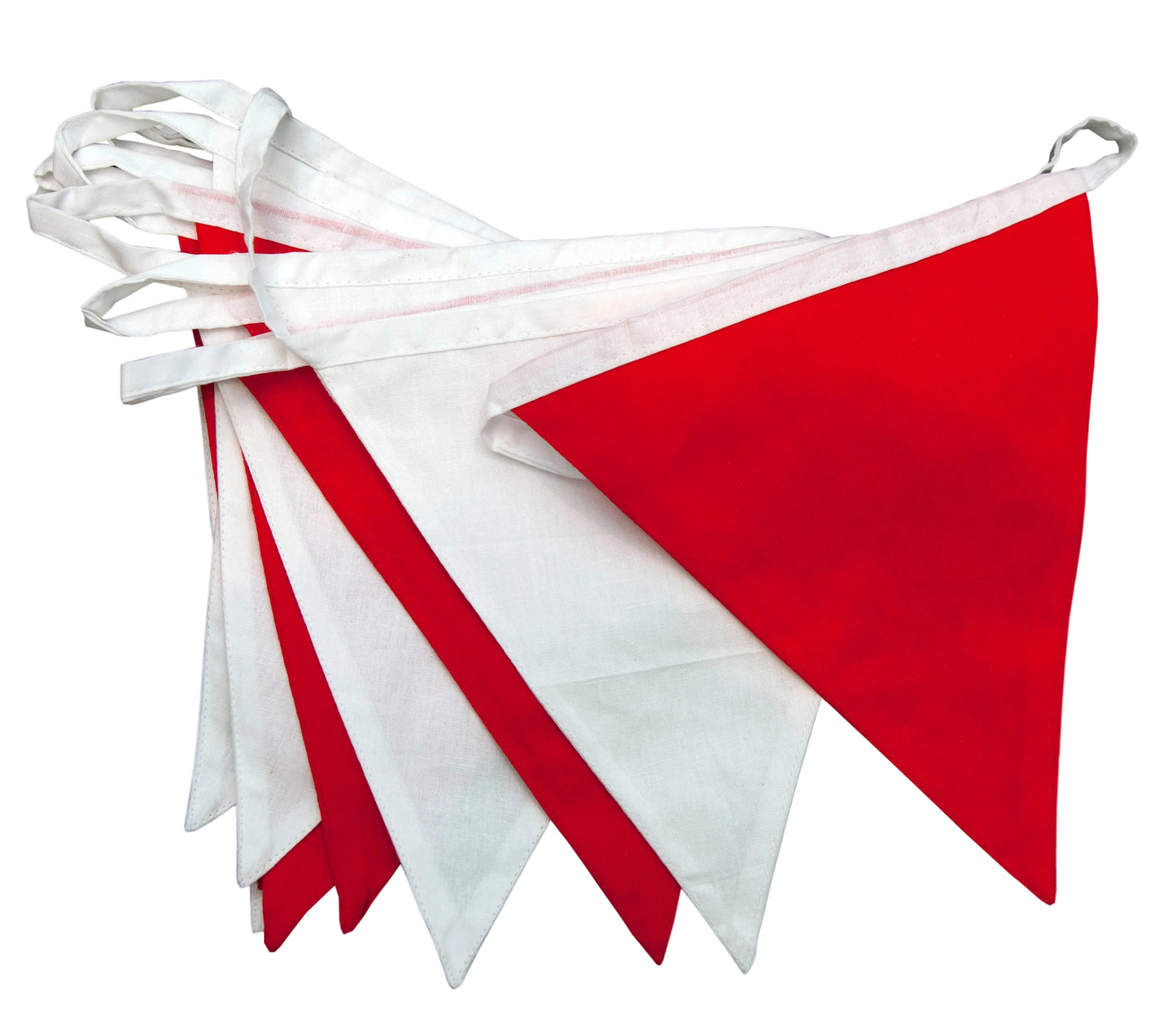 Red and white bunting flags on a white background