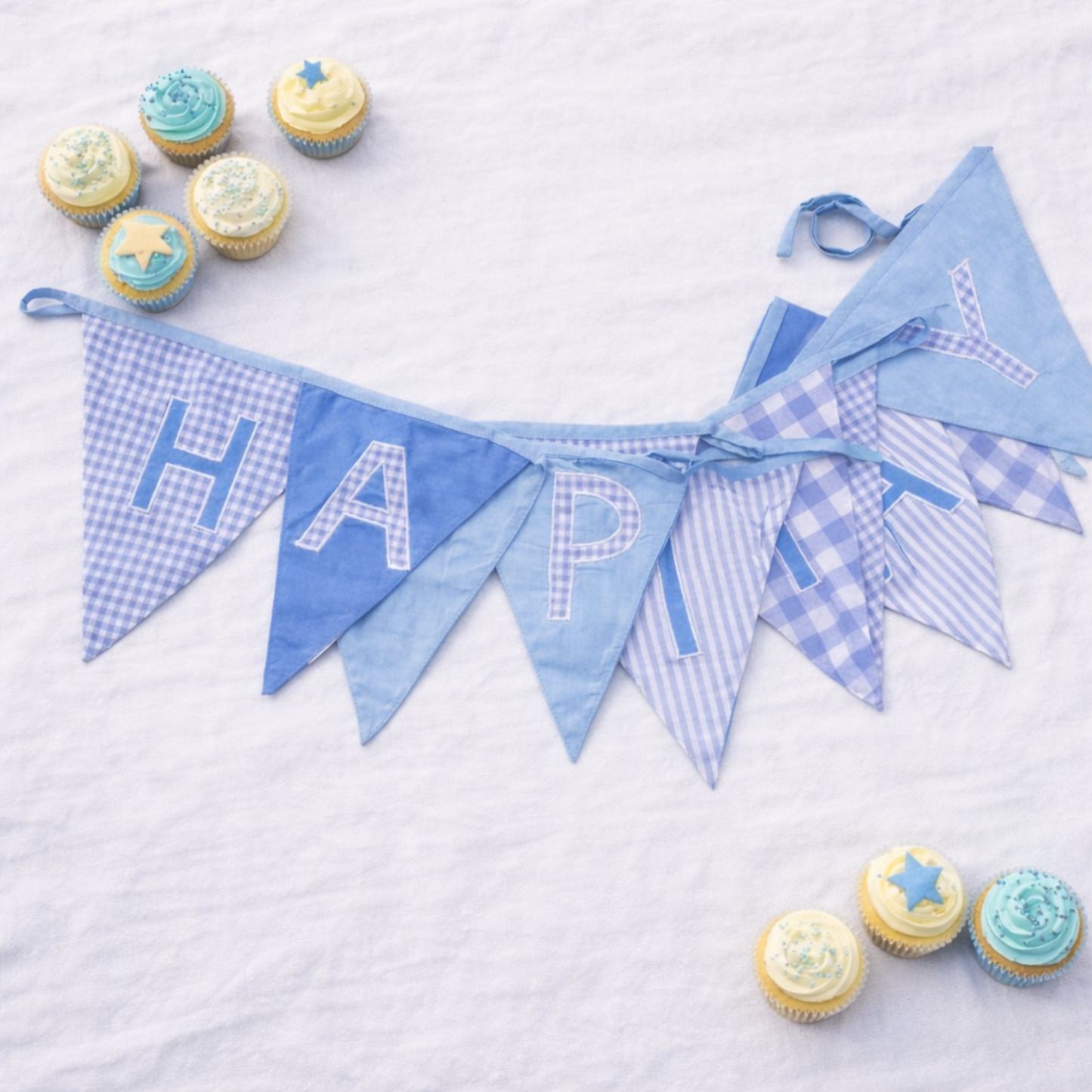 Blue Happy Birthday Bunting with cupcake