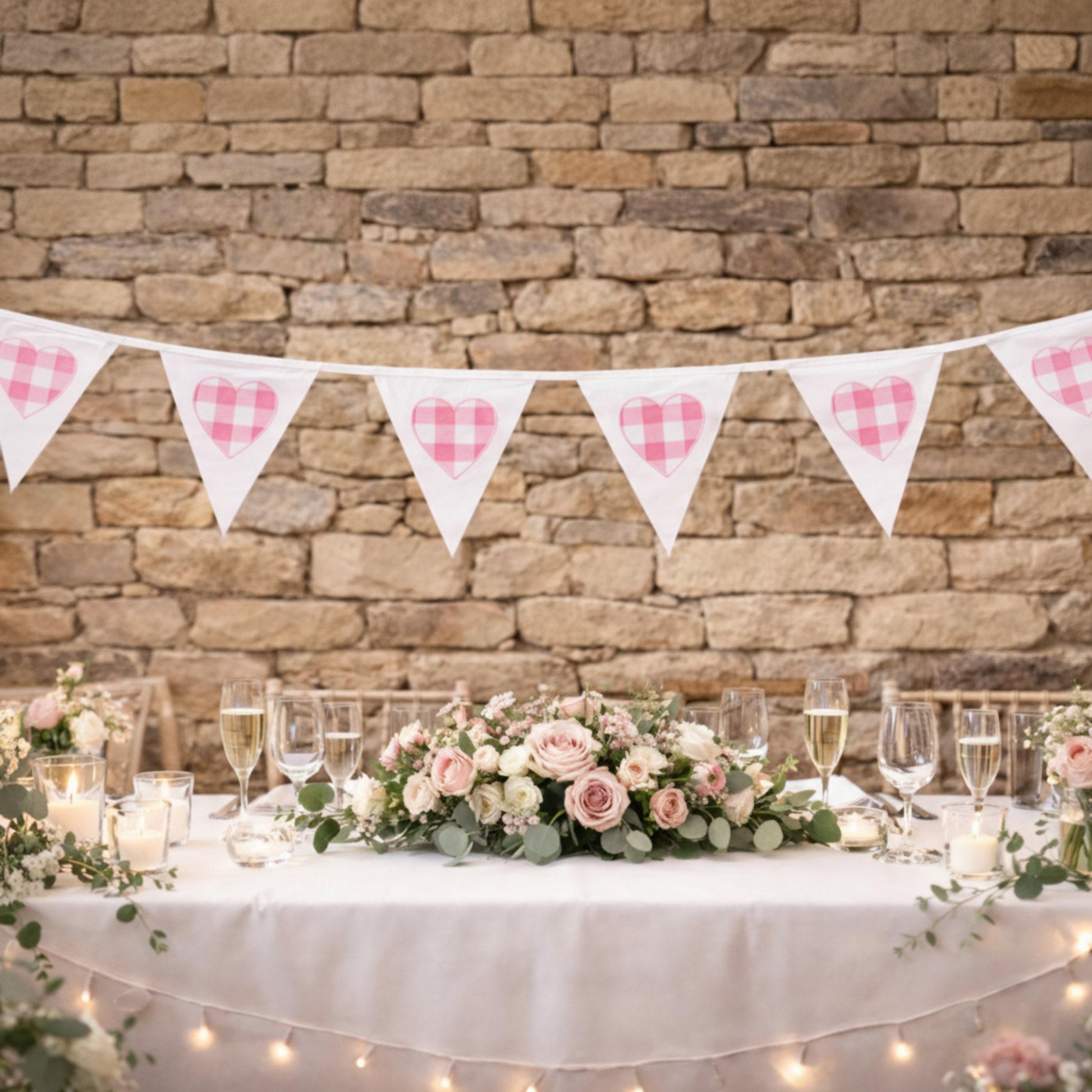 Decorated table with floral arrangements, candles, and a checkered banner against a stone wall.