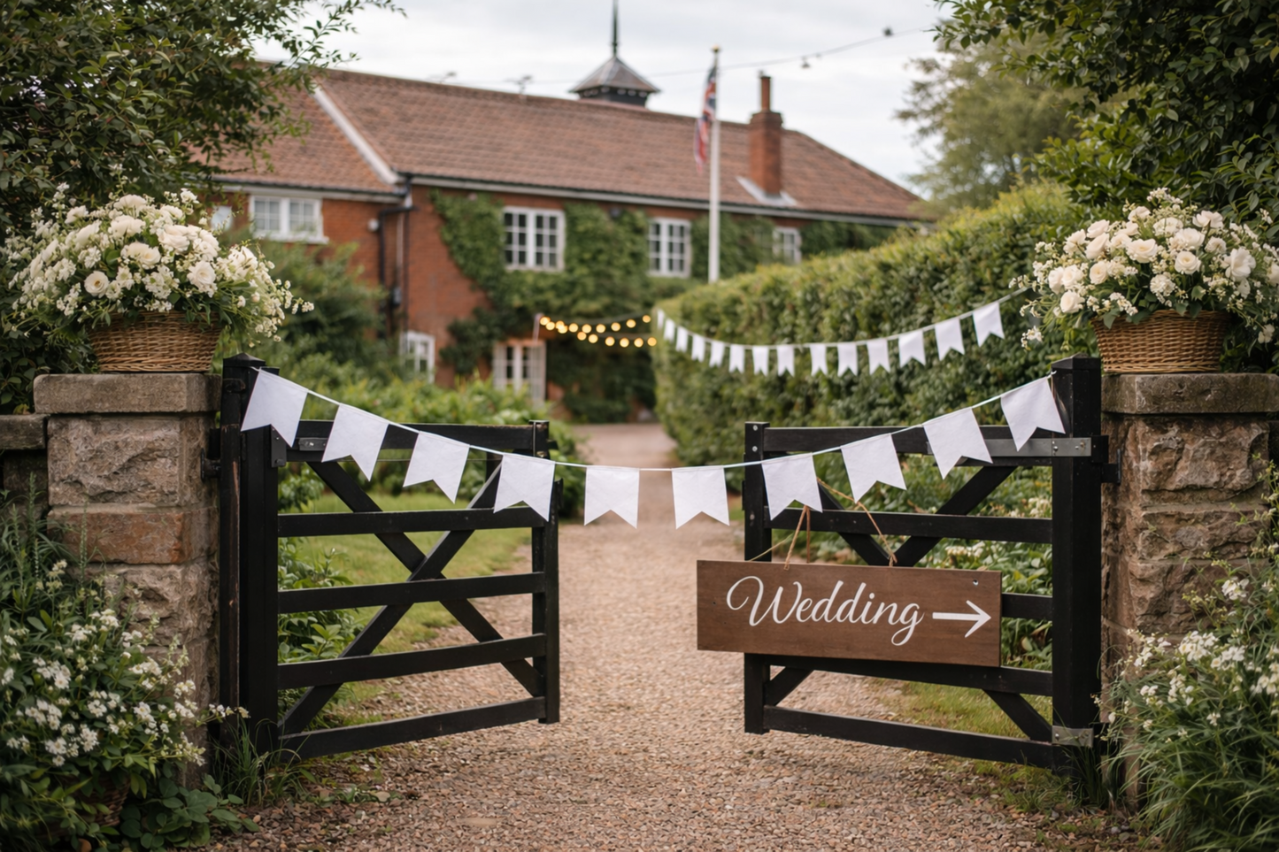 Decorative bunting at house entrance garden entrance with a 'Wedding' sign, flowers, and a house in the background.