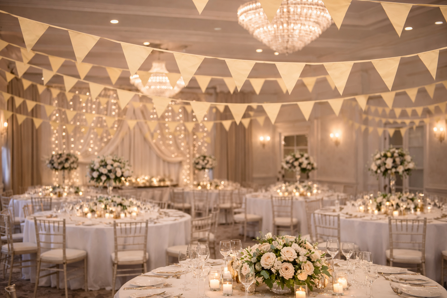 Cream bunting decorating banquet hall with tables, chairs, and floral centerpieces.