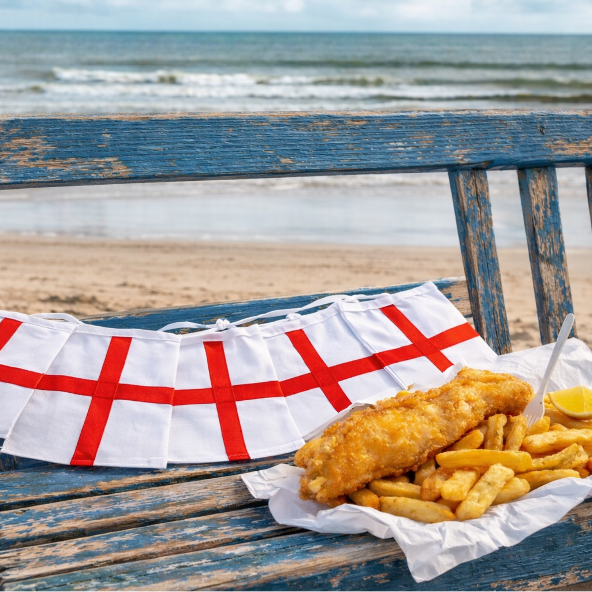 Fish and chips on a bench with a British flag, beach in the background