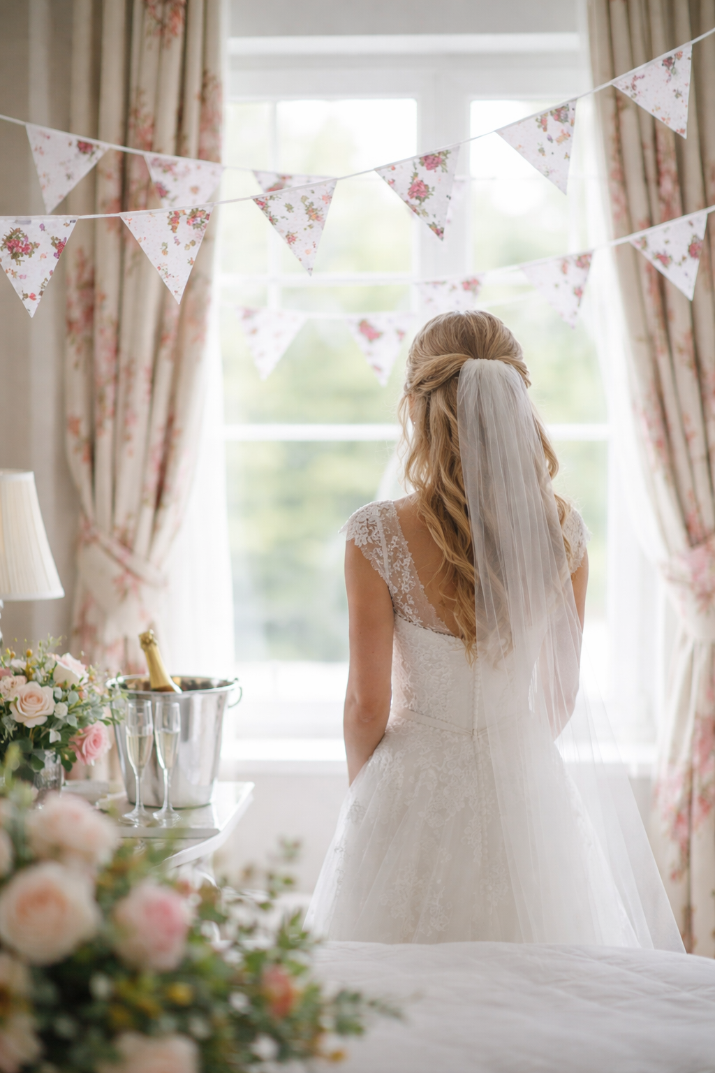 Bride in a white wedding dress with a veil standing in a room decorated with floral bunting.