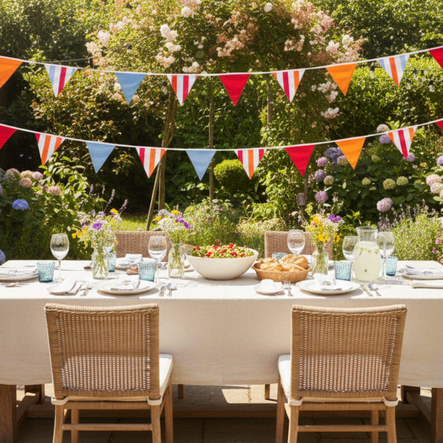 Outdoor table setting with bunting in a garden