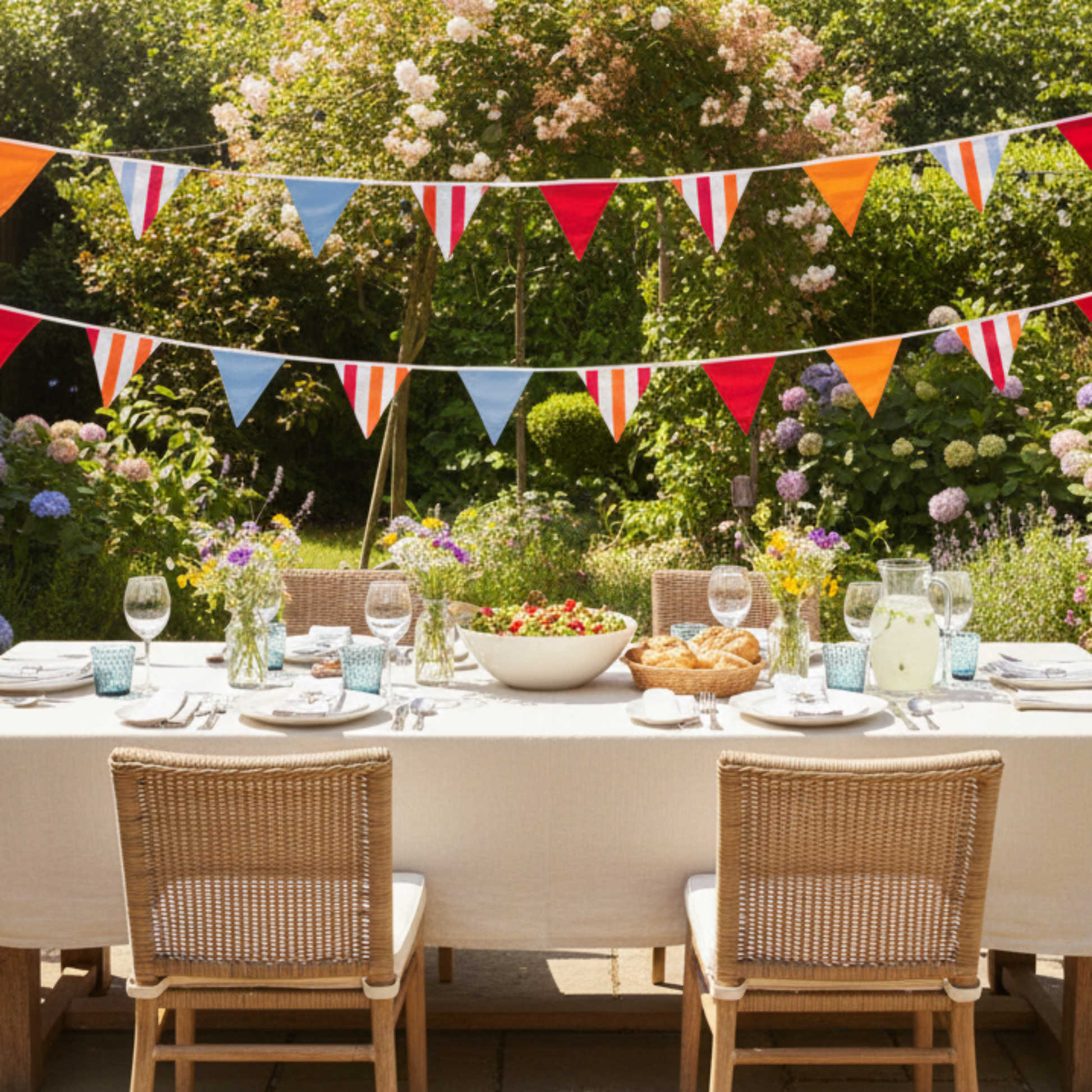 Outdoor table setting with bunting in a garden