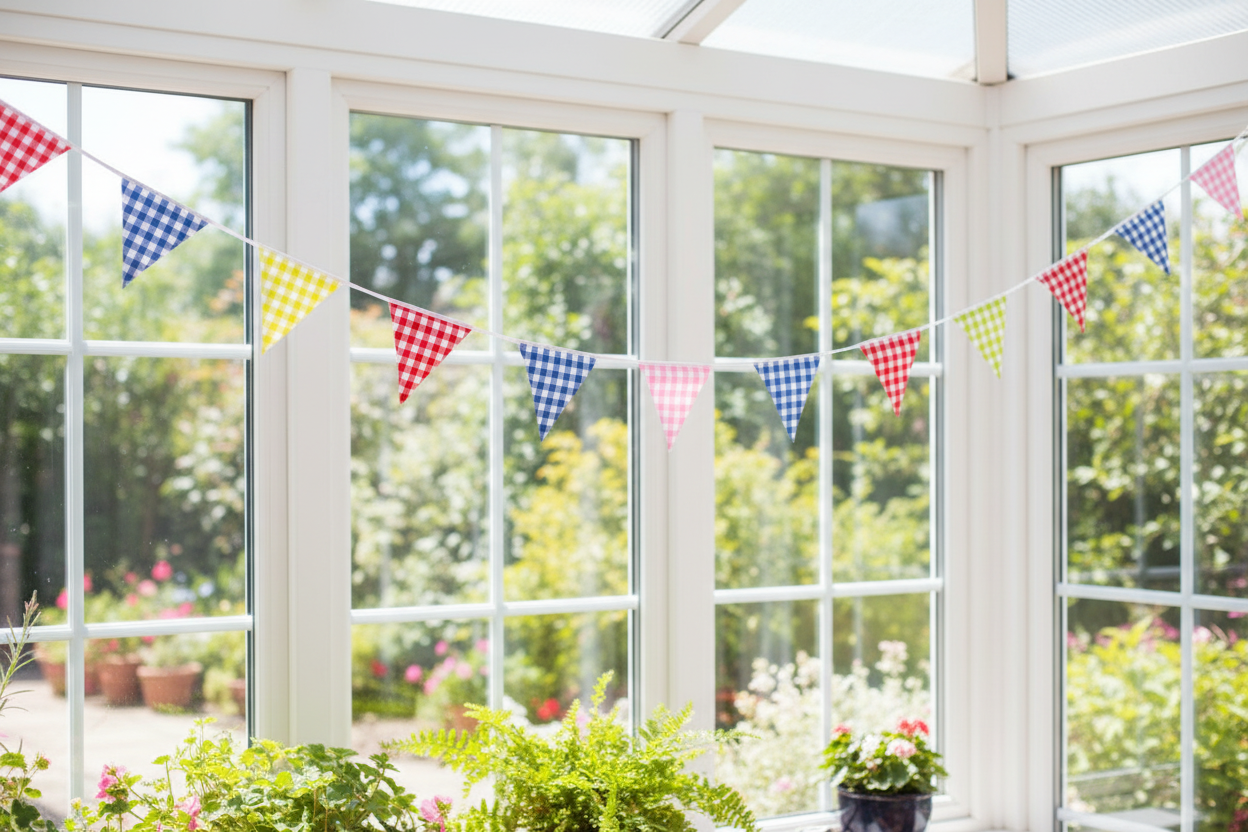 Gingham cotton bunting in a conservatory. Red blue yellow pink and  green pennants