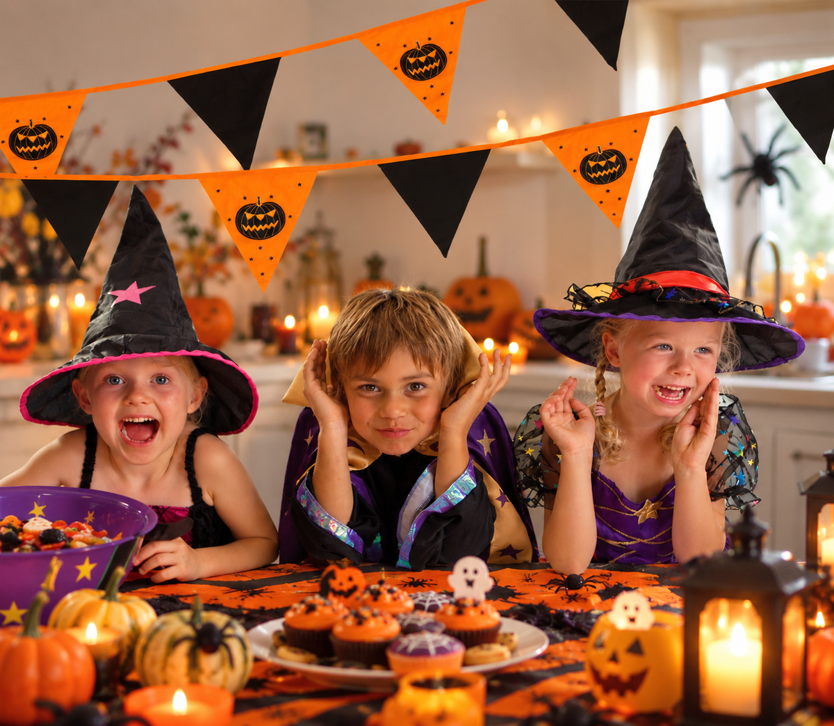 Three children dressed as witches sit at a Halloween table decorated with orange and black bunting, pumpkins, candles, and cupcakes.