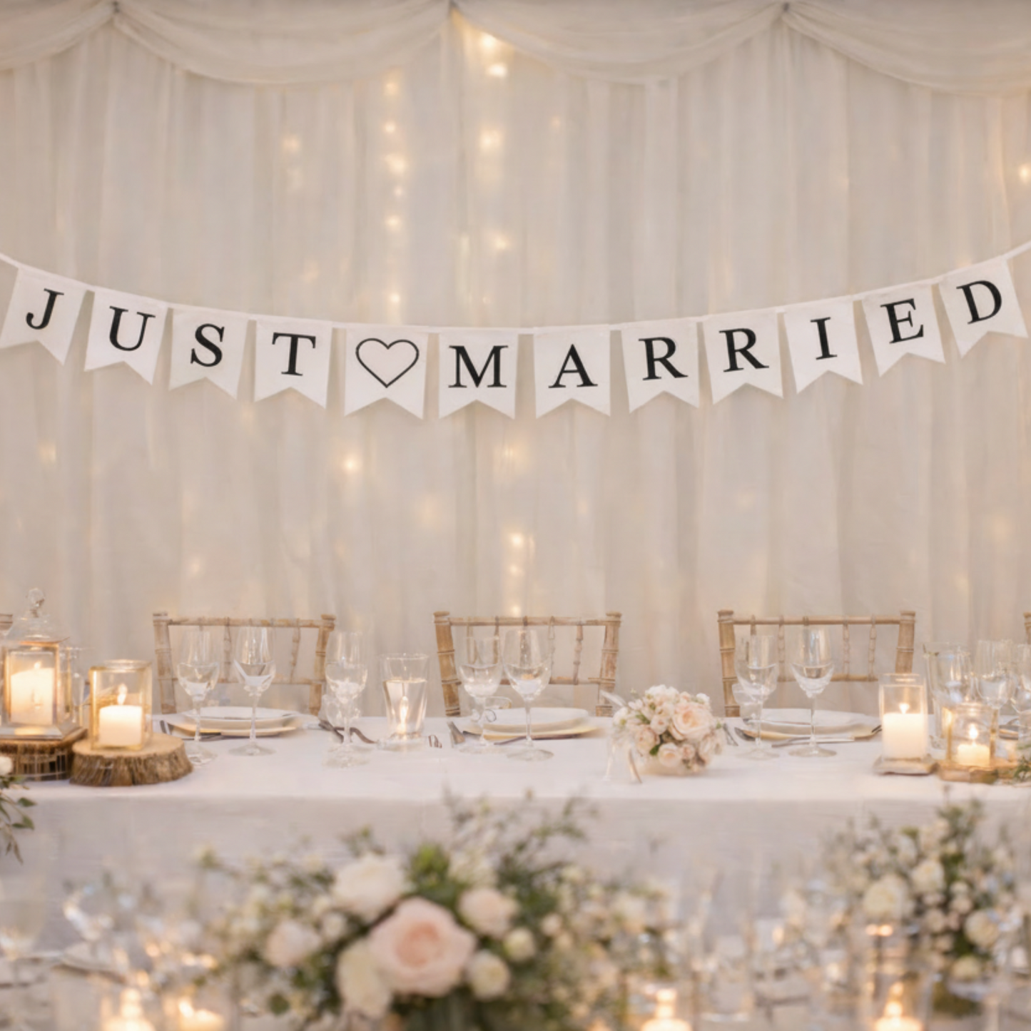 Wedding reception setup with 'Just Married' banner, candles, and floral arrangements.