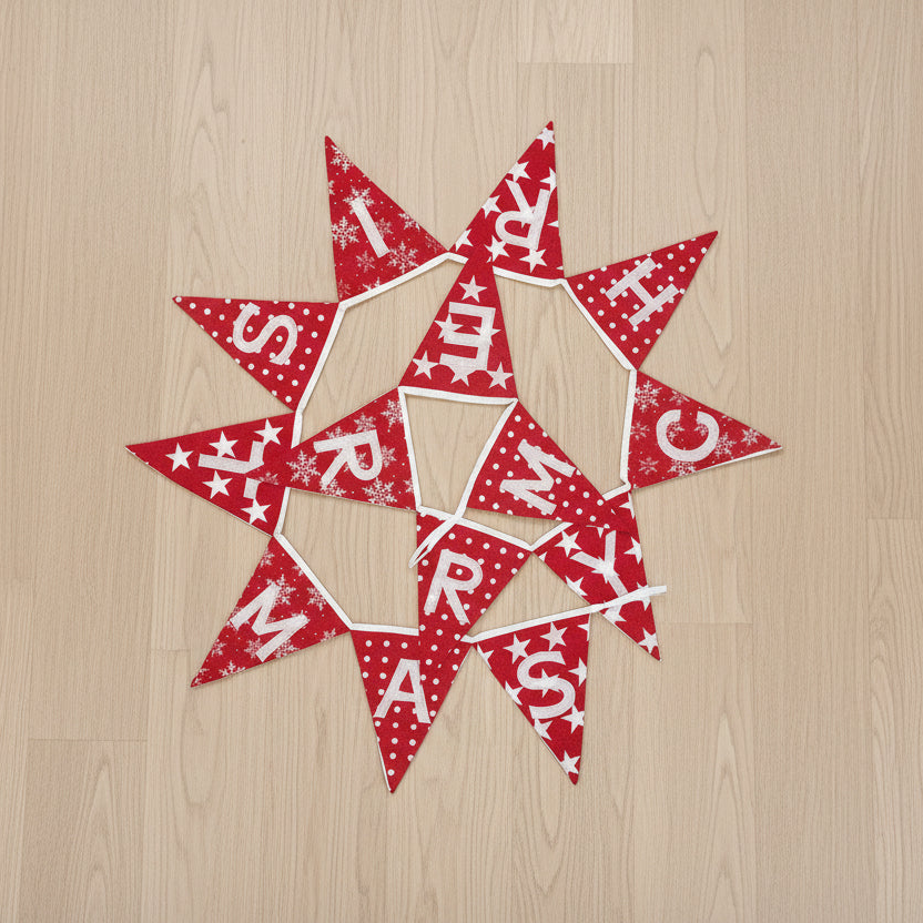 Red and white Christmas-themed banner with snowflakes on a white background