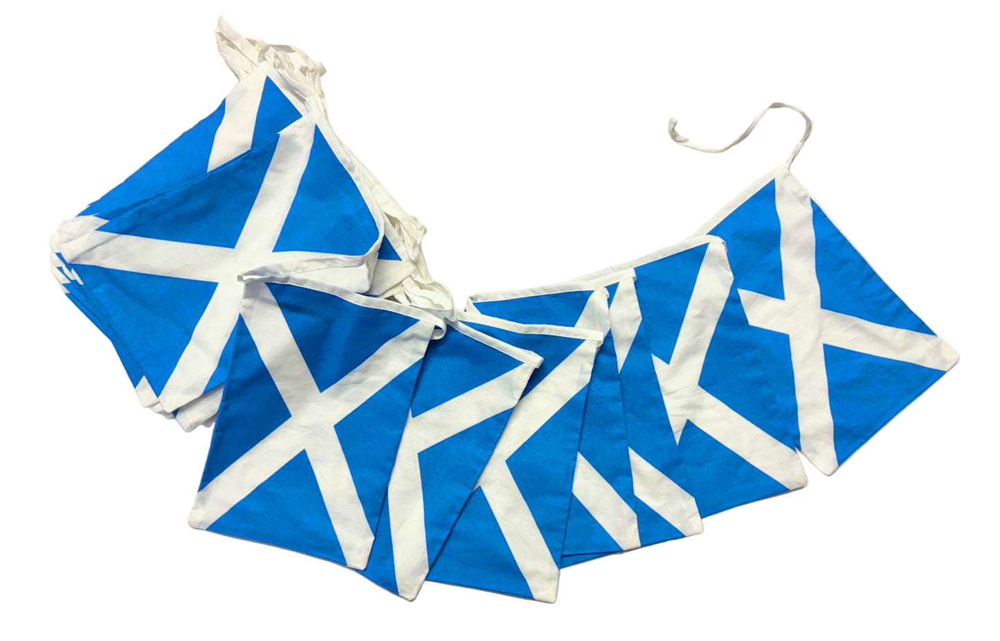 Blue and white Scotland flag bunting on a white string