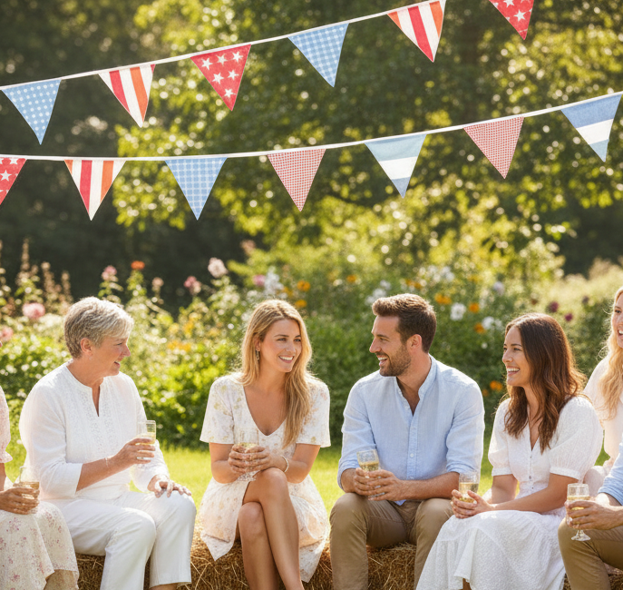 Group of people sitting on hay bales under a string of colorful flags in a garden setting.