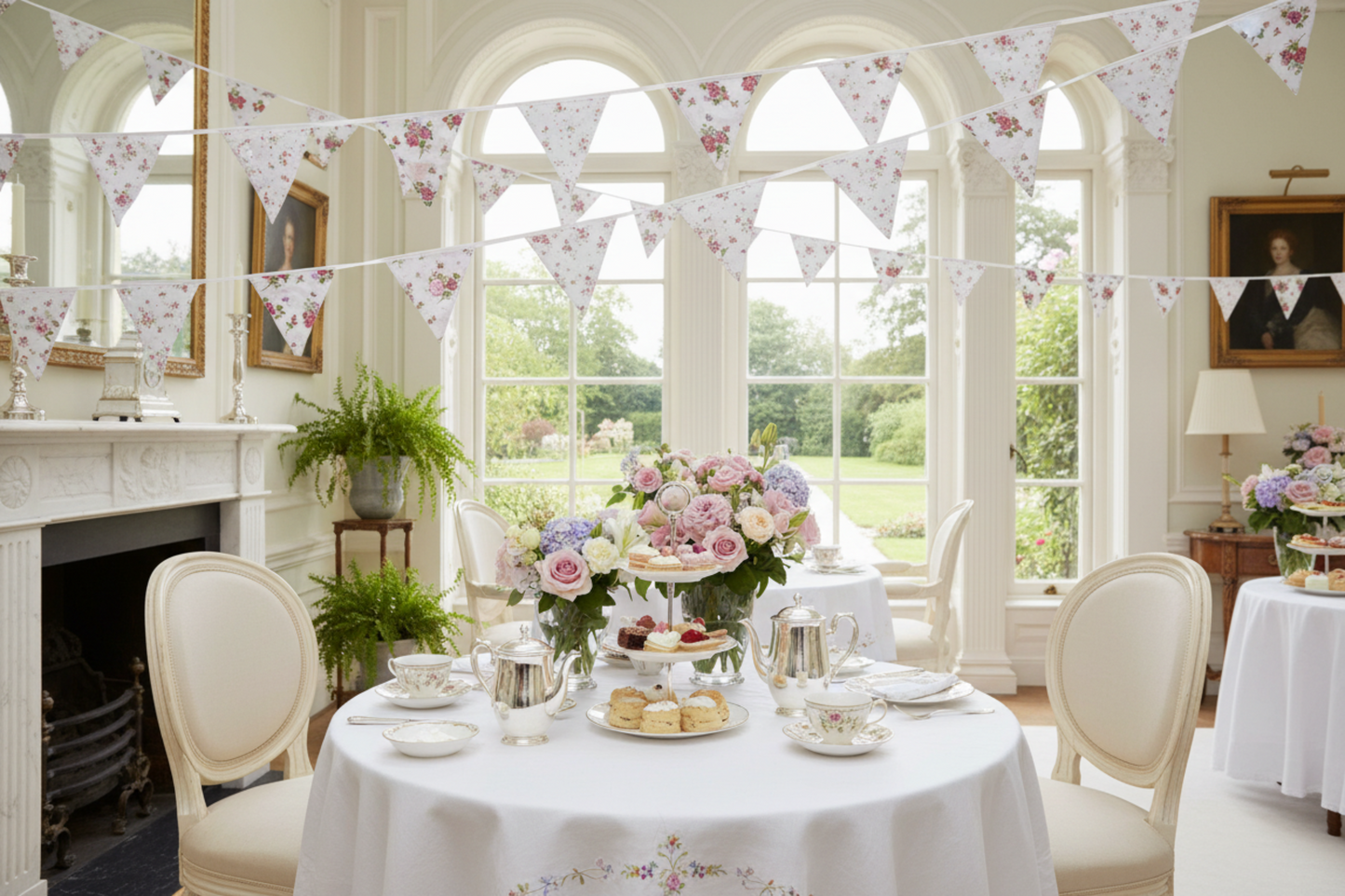 Elegant dining room with floral bunting decorations and a large window. Afternoon tea Bridgerton style.