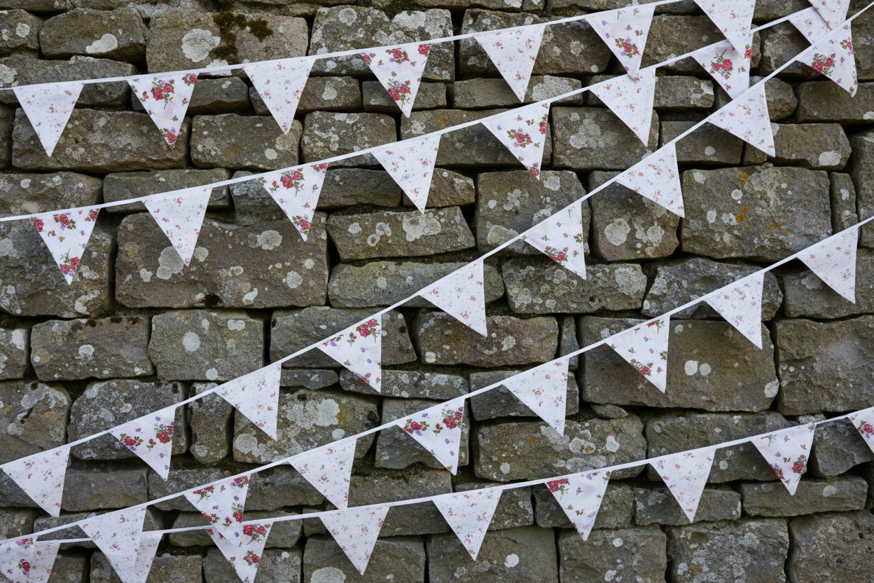 Floral-patterned bunting against a stone wall
