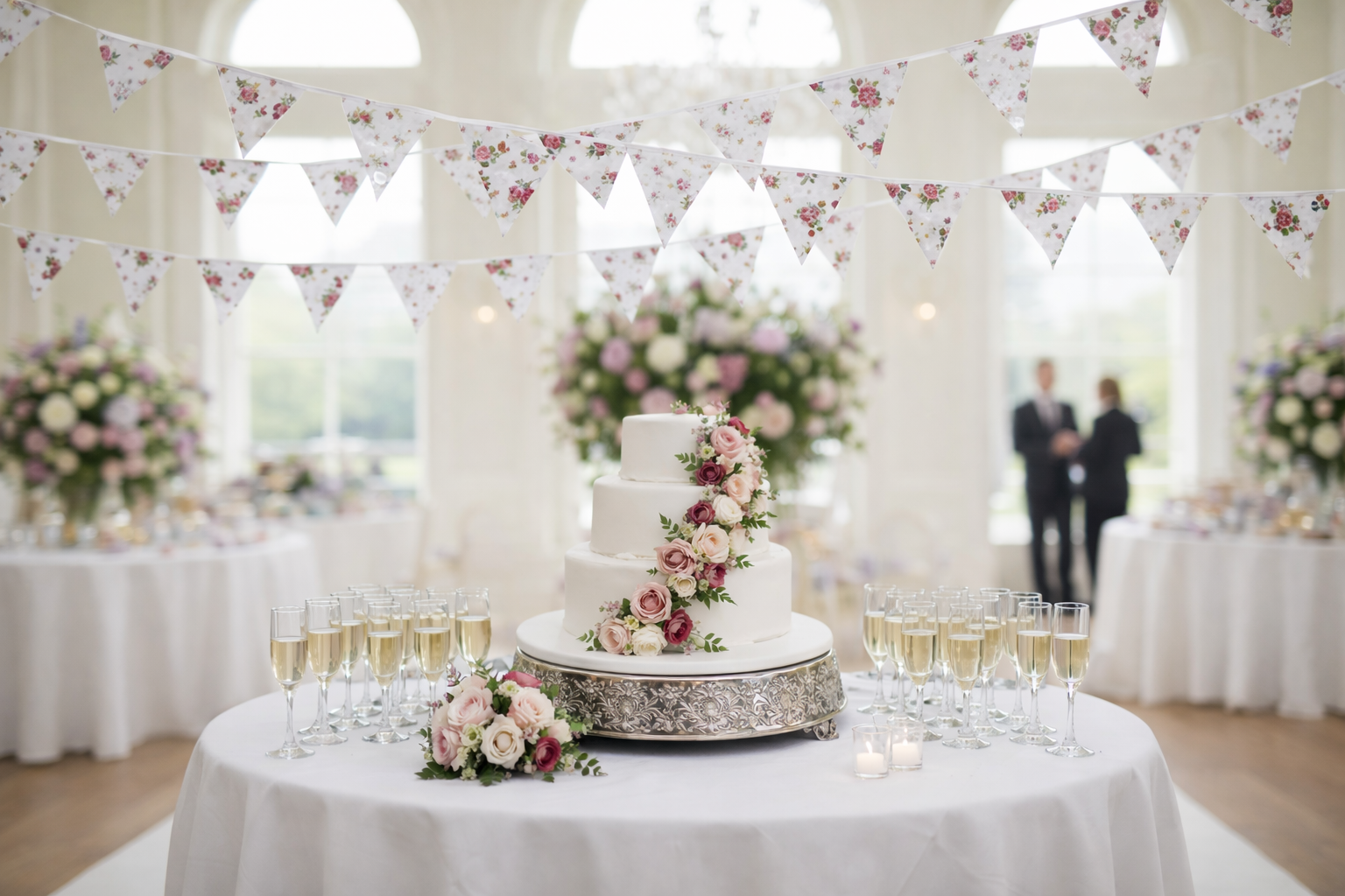 White Floral Bunting above a wedding cake