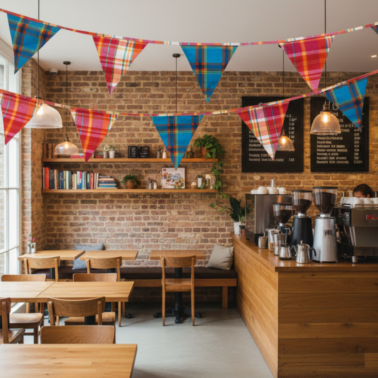 Coffee shop interior with wooden tables, chairs, and a brick wall decorated with plaid flags.