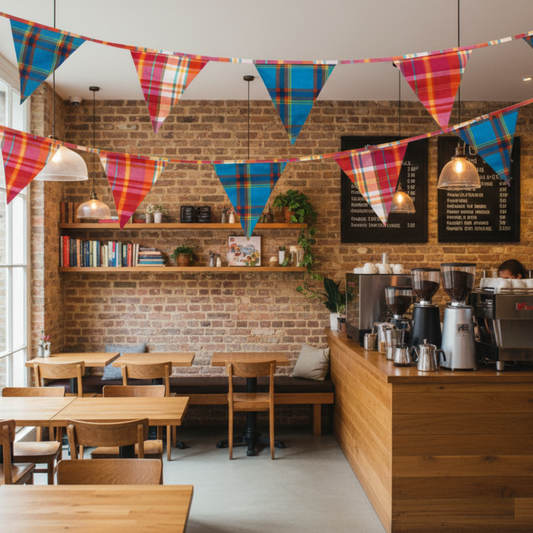 Coffee shop interior with wooden tables, chairs, and a brick wall decorated with plaid flags.
