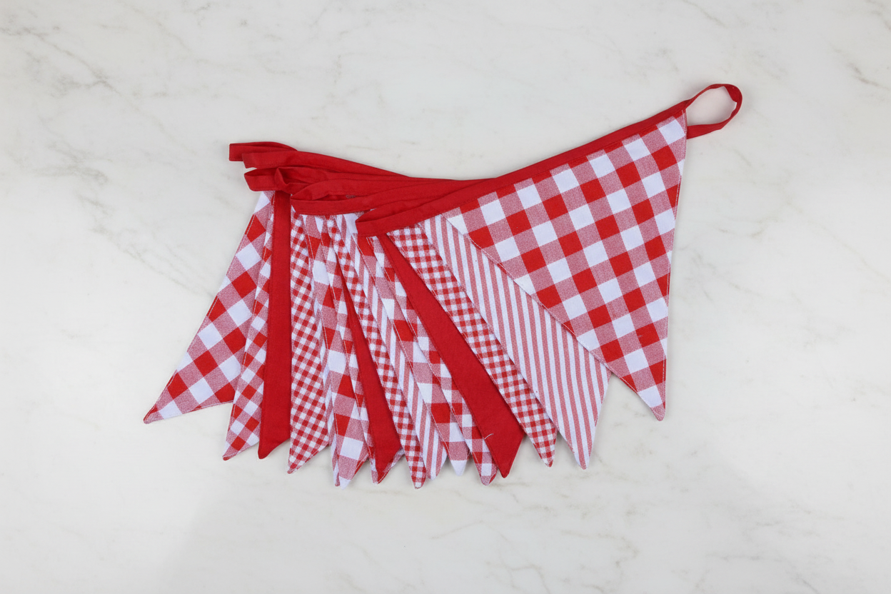 Red and white checkered bunting on a white background