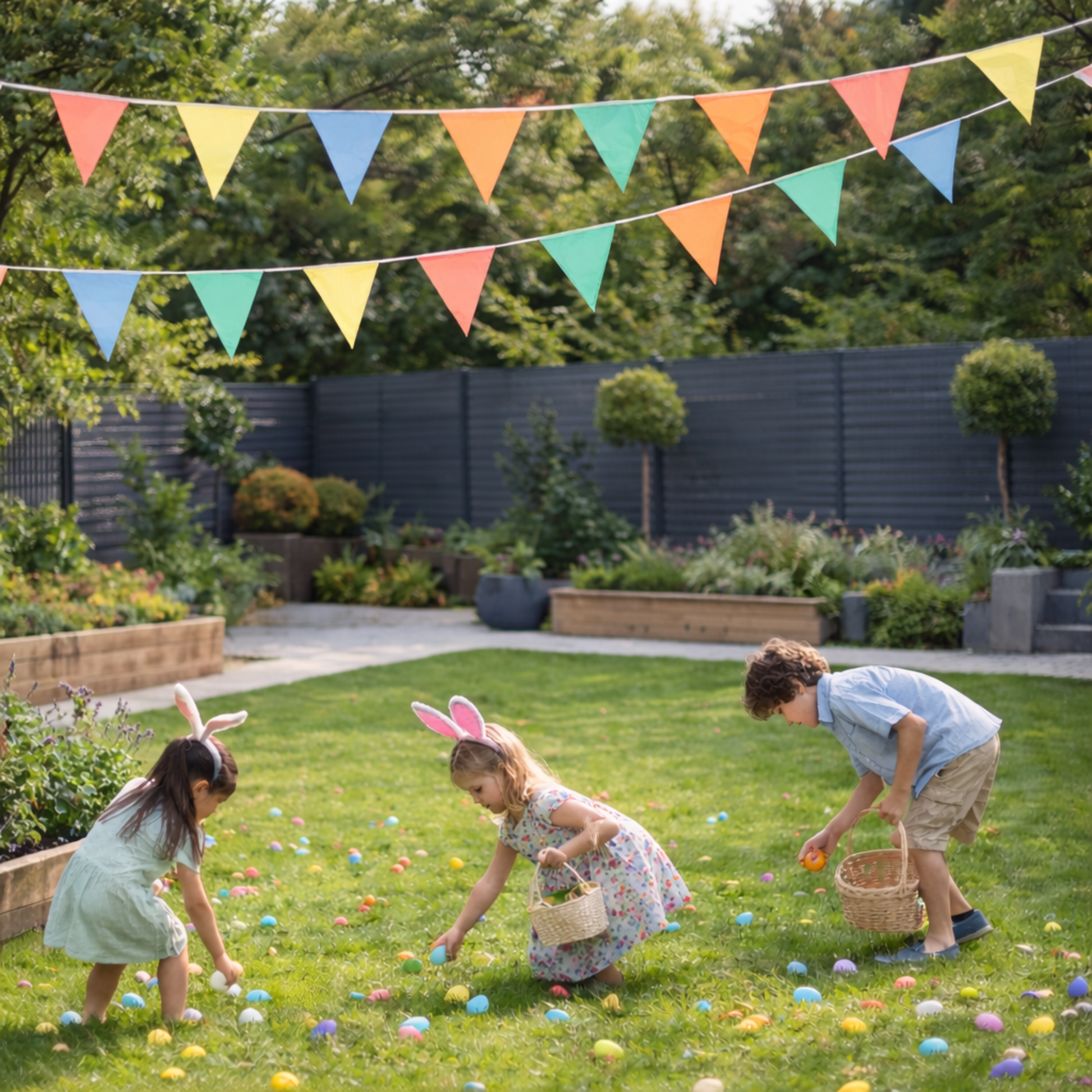 Children playing with Easter eggs in a garden with colorful bunting