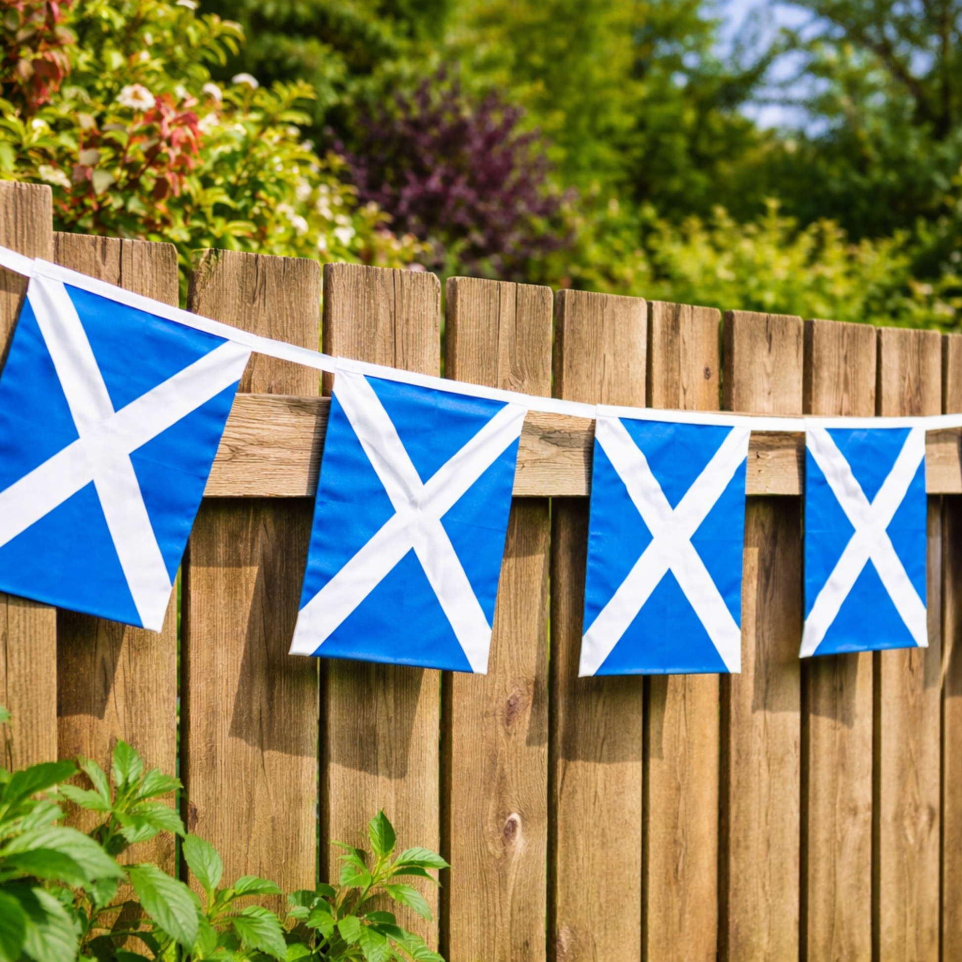 Bunting with Scottish flags hanging on a wooden fence outdoors