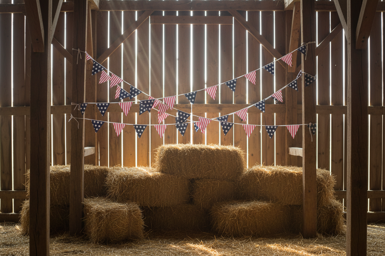 Barn interior with hay bales and American flag bunting