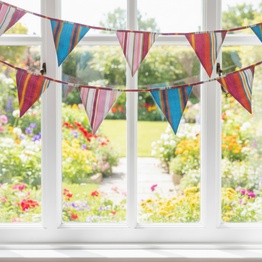 Colorful striped bunting hanging in front of a window with a garden view.