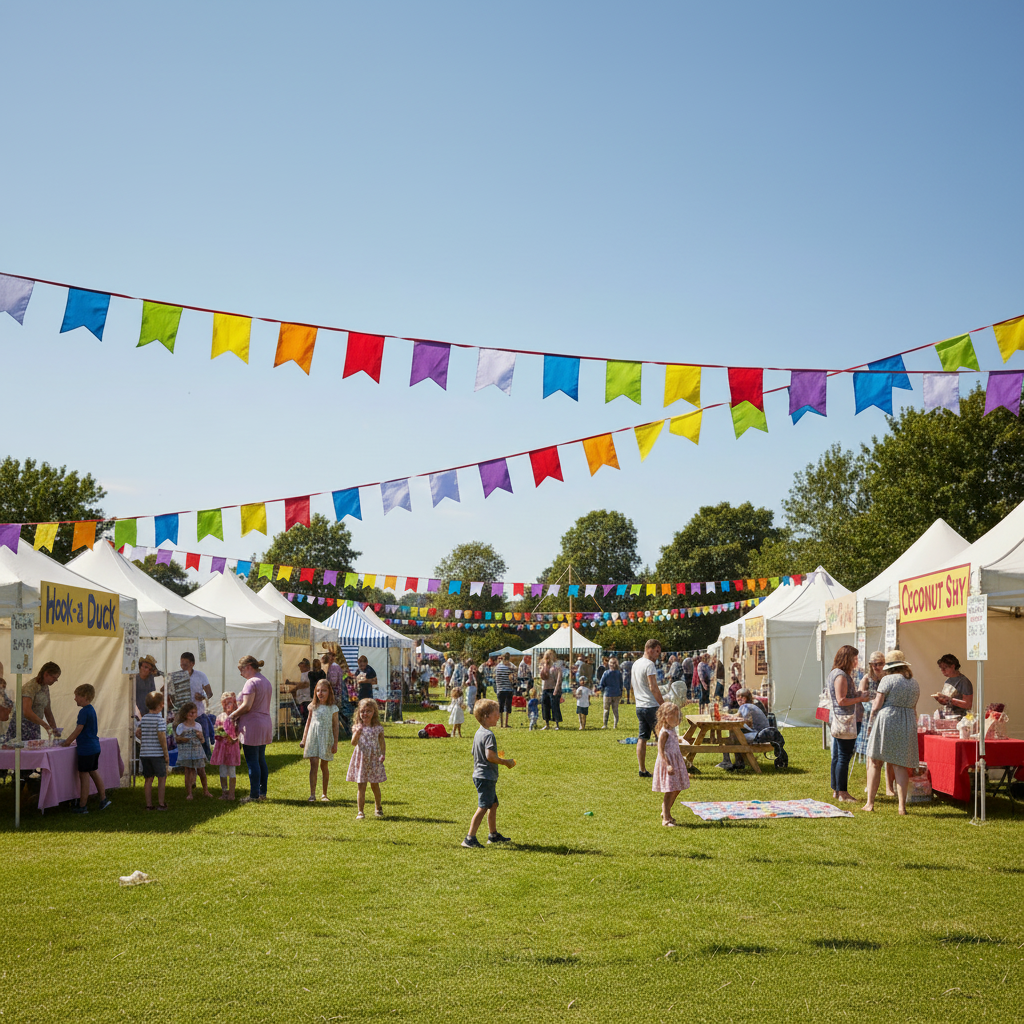 Outdoor event with colorful flags, tents, and people on a grassy field.