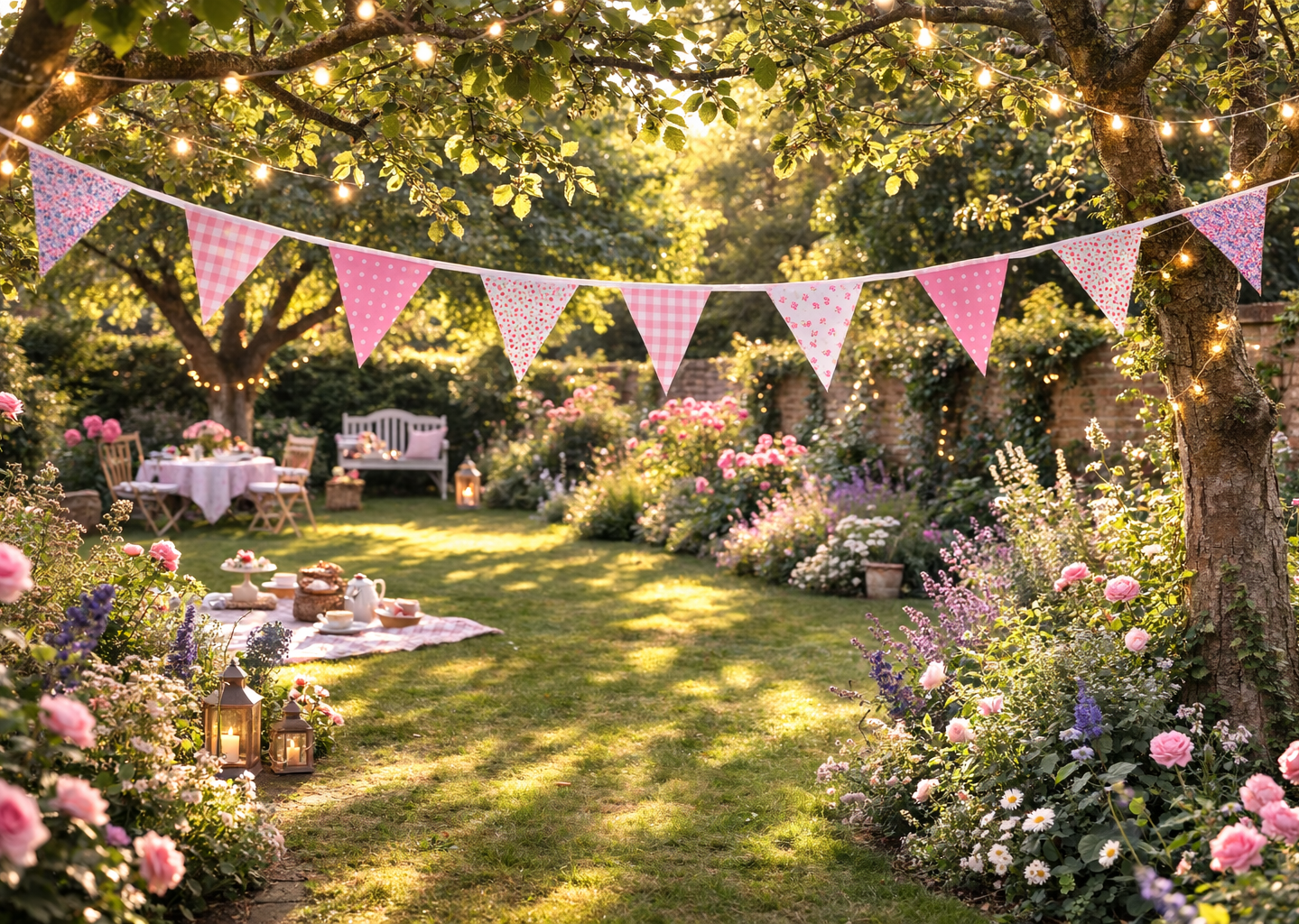 Outdoor garden setting with flowers, tables, chairs, and bunting flags.