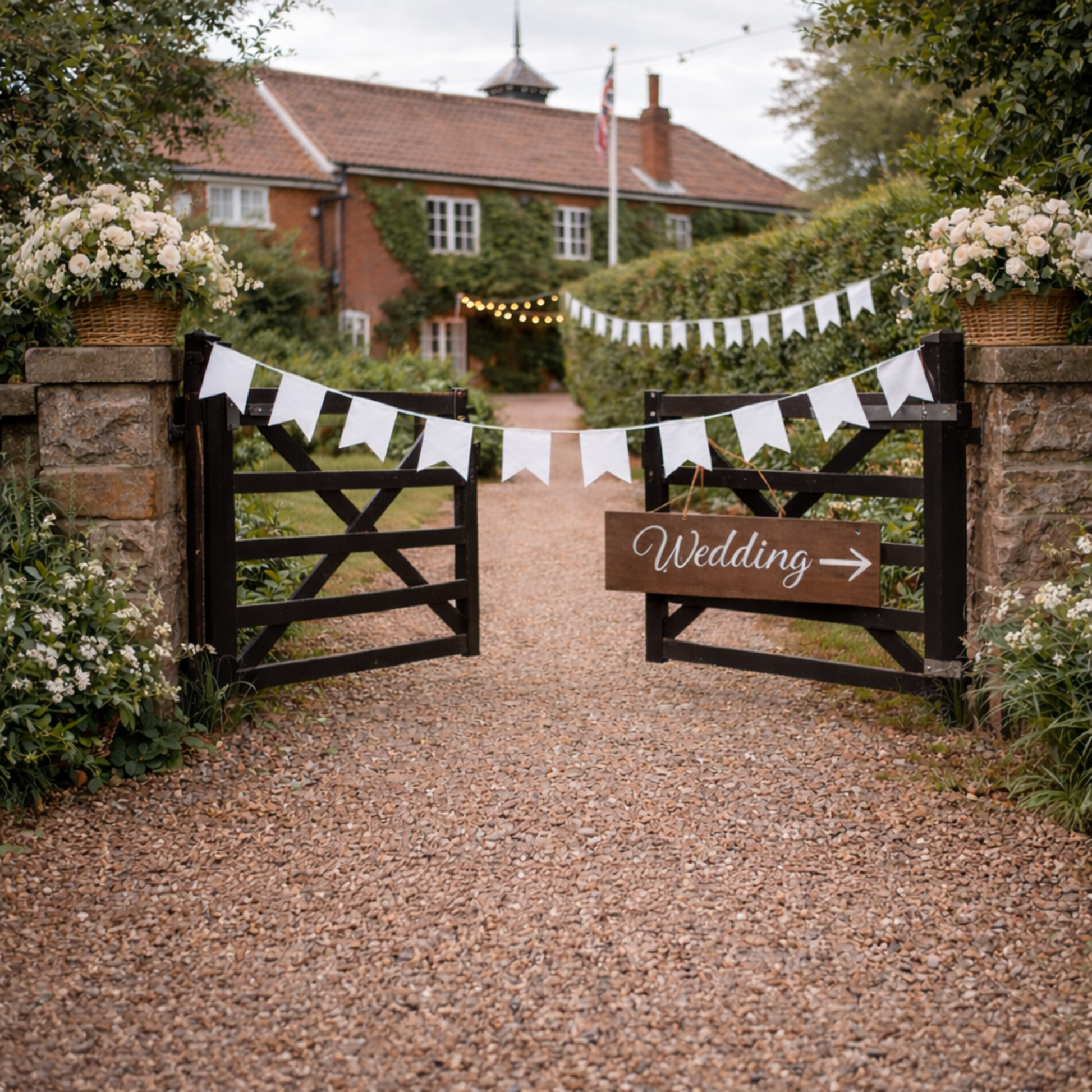 Decorative entrance to a wedding venue with floral arrangements, bunting, and a 'Wedding' sign.